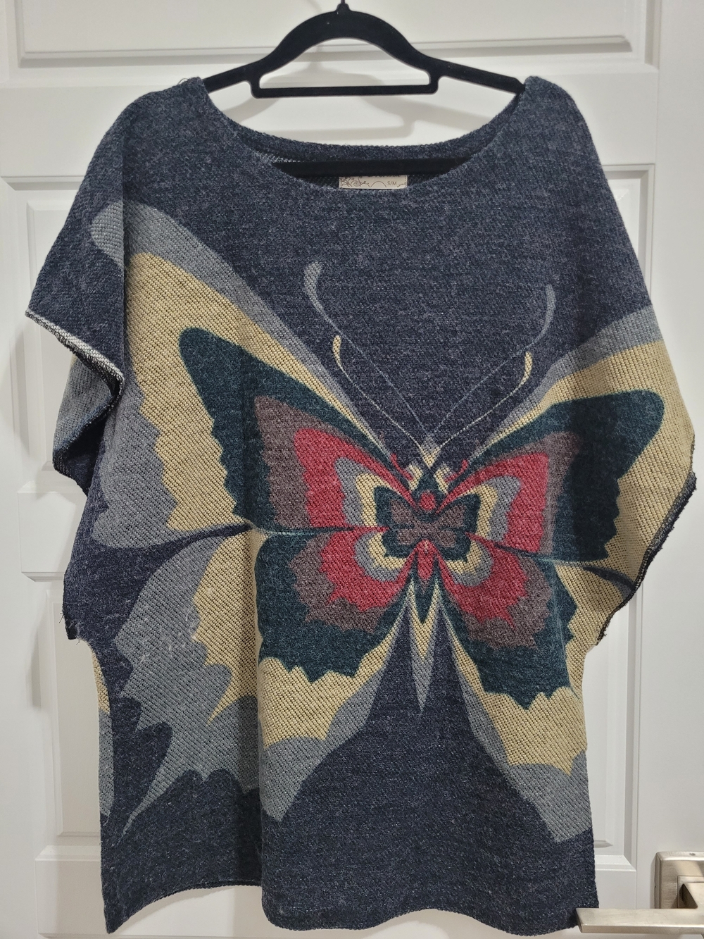Y2K Navy Butterfly Knit Poncho - Multicolor Motif